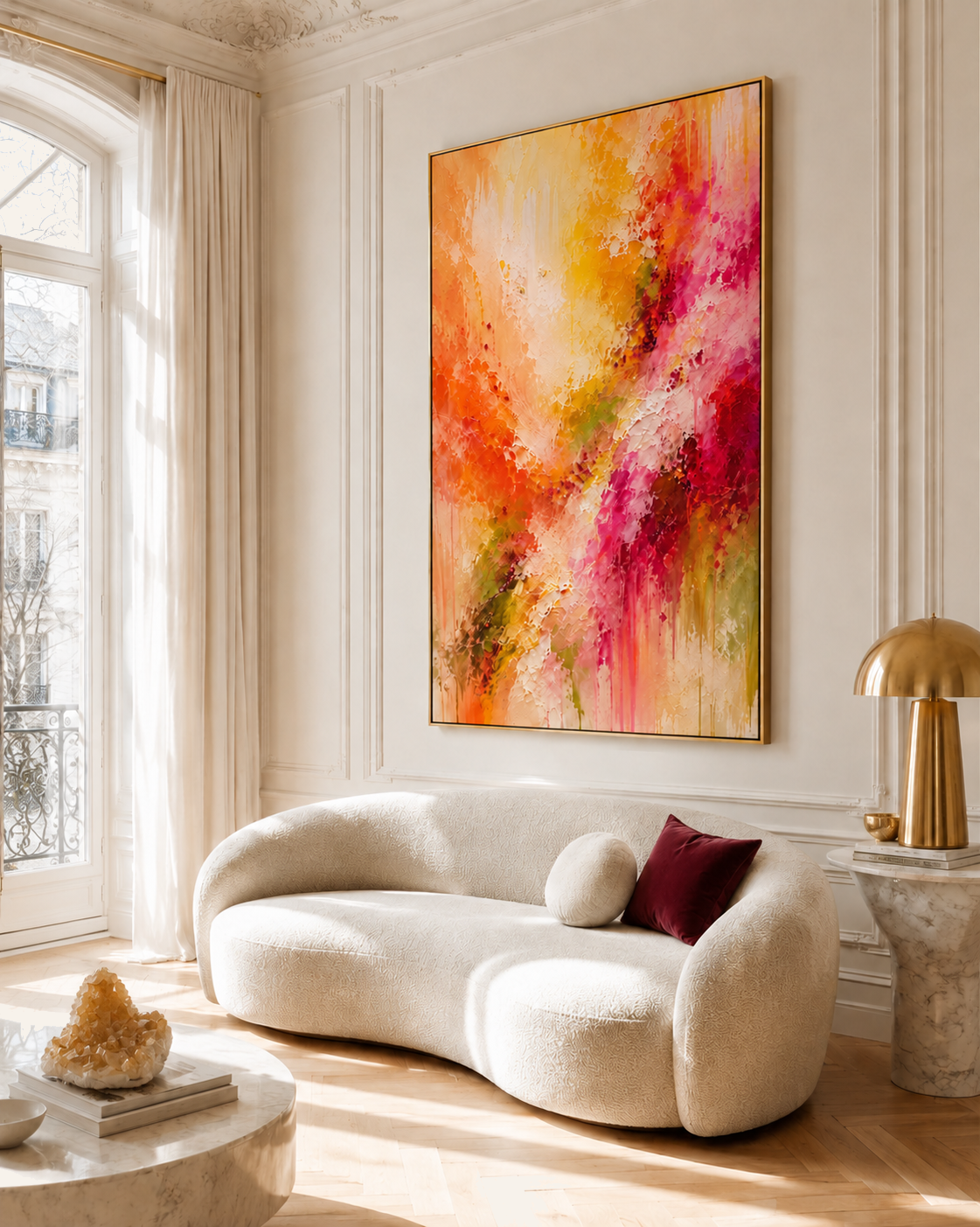 DNA of Joy painting in a warm Parisian apartment — gold light and warmth